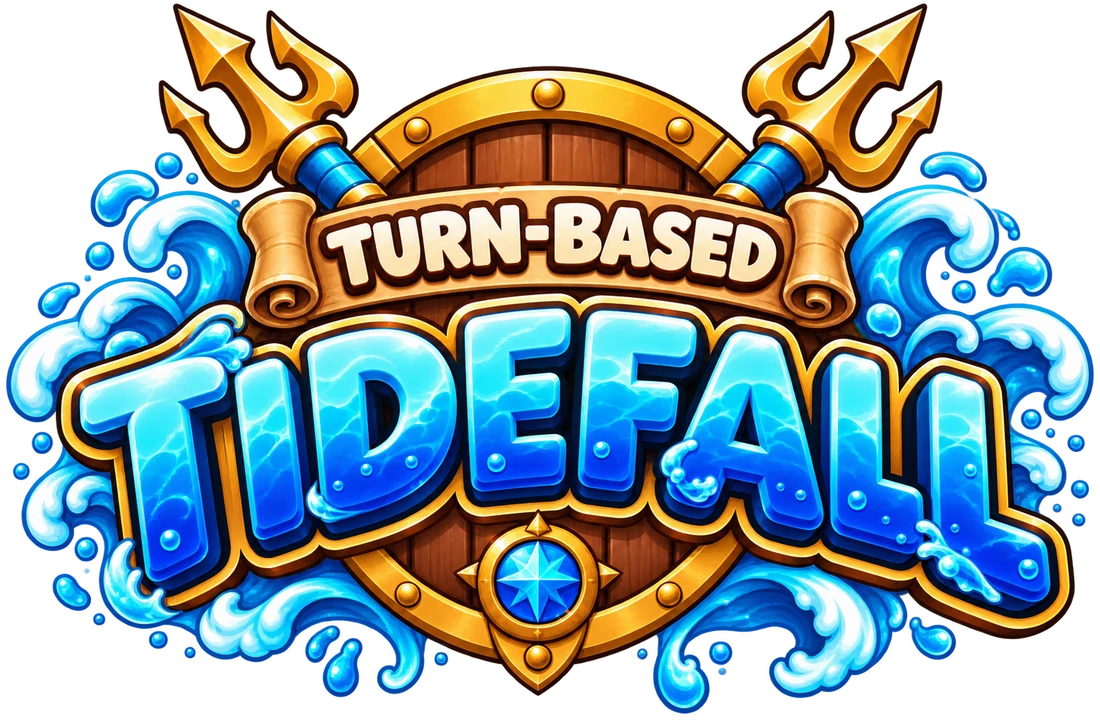 TIDEFALL logo: crossed golden tridents over a shield, framed by crashing waves